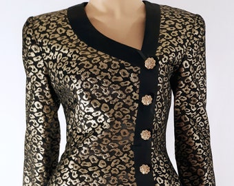 80s Lillie Rubin Skirt Suit: Metallic Leopard Print, Rhinestone Buttons, Size 4