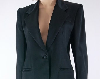 Women's Black Tuxedo Suit Blazer Skirt 2 Piece Long Sleeve Formal Highend Lux Couture Designer Like New Condition by DONCASTER TAILOR Size M