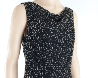 80s Black Silk Beaded Top, Vintage Cocktail Sleeveless IMD, Size M