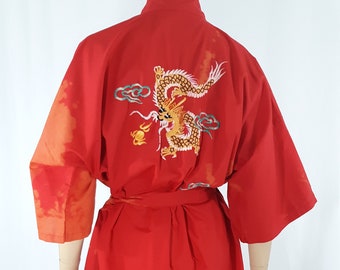 Dragon Kimono Robe Women's Mens Red Tie Dye Colorful Embroidered Dragon Pockets Belted Excellent Condition Vintage by PLUM BLOSSOM Size M