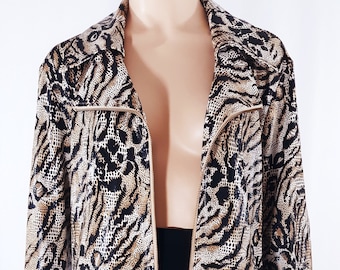 Animal Print Jacket 90's Women's Designer Black Brown White Pockets Stretchy Shiny Gold Zippers Excellent Condition by CIARA SUN Woo Size 1X