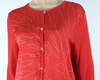 Women's Cardigan Women's Sweater Top Red Gold Long Sleeve Abstract Satiny Gold Buttons Excellent Condition Vintage by ANNE KLEIN Size XL