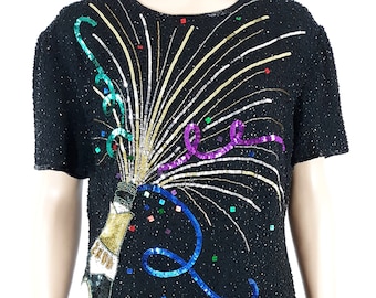 Vintage 90s Beaded Silk Top, Champagne Bottle Design, Size XL