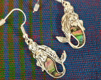Mermaid Earrings Abalone Earrings Womens Girls Silver Tone Fabulous Detail Boho Dangle Great Gift Mermaid Lovers Handmade Sea Life Jewelry