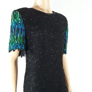 Beaded Dress 70&#39;s Women&#39;s Showstopper 100% Silk Black Short Sleeve Peacock Sequined Excellent Condition Vintage by SARIN NEW YORK Size M