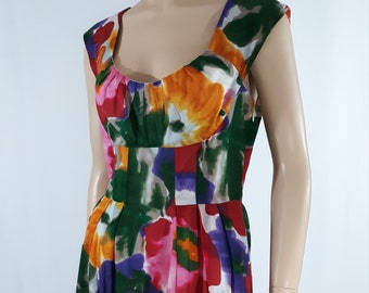 Calvin Klein Dress Womens Summer Classic Colorful Floral 100% Cotton Capped Sleeve Fitted Bodice Like New Condition Vintage Designer Size S