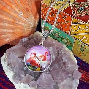 Flamingo Necklace Pendant Chain Womens Girls Pink Glass Dome Silver Tone Beachy Gorgeous Jewelry Fabulous Gift Charm Handmade Womens Girls