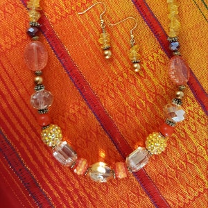 Jewelry Set Handmade Yellow Necklace Earrings Set Artist Designed Vintage Inspired Multicolor Red Orange Yellow Multi Bead Mix GORGEOUS Gift