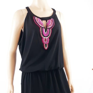 Women's Jumpsuit 90's One Piece Romper Black Pink Beaded Sleeveless Drapey Gorgeous Excellent Condition Designer by NICOLE MILLER Size XL image 1