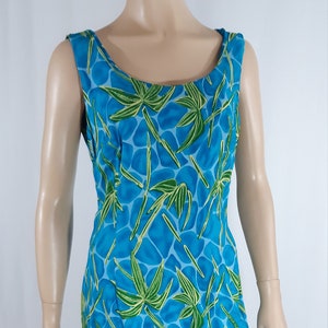 Summer Dress Women&#39;s 90&#39;s Blue Green 100% Rayon Sheath Dress Bamboo Leaves Zipper Back Excellent Condition Vintage by BINDI Size M USA
