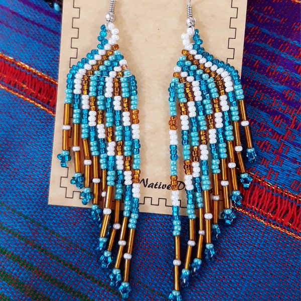 Boho Earrings Handmade Womens Seed Bead Woven Fringe Geo Colorblock 'Angel Wings' Boho Native Tribal Large Blue Gold Jewelry Great Gift