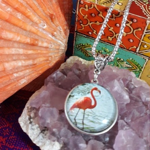 Flamingo Necklace Pendant Chain Womens Girls Pink Glass Dome Silver Tone Beachy Gorgeous Jewelry Fabulous Gift Charm Handmade Womens Girls