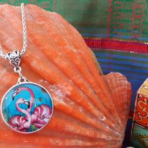 Flamingo Necklace Pendant Chain Womens Girls Pink Glass Dome Silver Tone Beachy Gorgeous Jewelry Fabulous Gift Charm Handmade Womens Girls