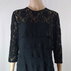 Black Dress Women&#39;s Long Sleeve Lace Top w Tiny Sequins Stretchy Tiered Layered Skirt Holiday Excellent Condition by ALEX Evenings Size 14p