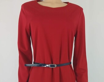 Red Long Sleeve Rayon Dress, Thin Black Patent Belt - Size M