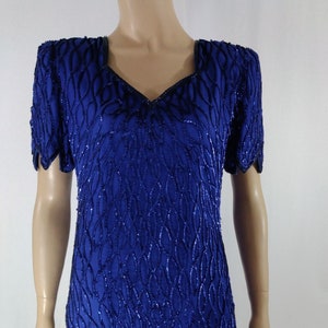 Beaded Dress Women&#39;s 80&#39;s Blue 100% Silk Short Sleeve Zig Zag Hymn & Cuff Evening Party Excellent Condition Vintage by LAURENCE KAZAR Size S