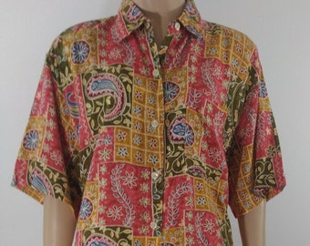 80s Rayon Short Set, Geo Floral Print Two-Piece Outfit, Size M