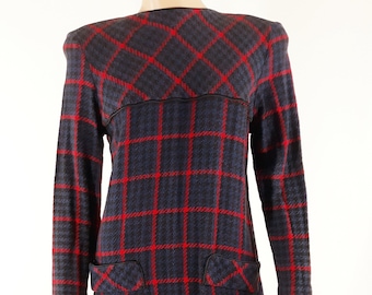 Vintage 80s Plaid Dress: Red & Blue, Fitted Long Sleeve, Size M