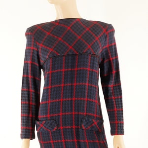 Women&#39;s Dress 80&#39;s 90&#39;s Fall Winter Black Red Blue Plaid Long Sleeve Fitted Red Buttons Warm Sexy Vintage by TONY LAMBERT Collections Size M