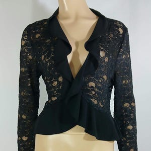 Black Lace Jacket 80&#39;s 90&#39;s Women&#39;s Long Sleeve Semi Sheer Brocade Black Sequins Trim Open Front Like New Condition by R&M RICHARDS Size M