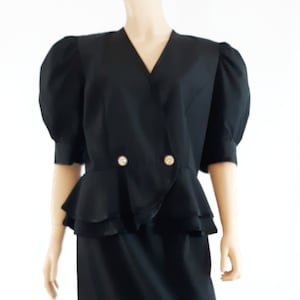 Black Dress Suit Women&#39;s 1940&#39;s Style Skirt Suit 2 Piece Puffy Short Sleeve Top Designer Perfect Condition Vintage by LADIE CAROL NY Size 14