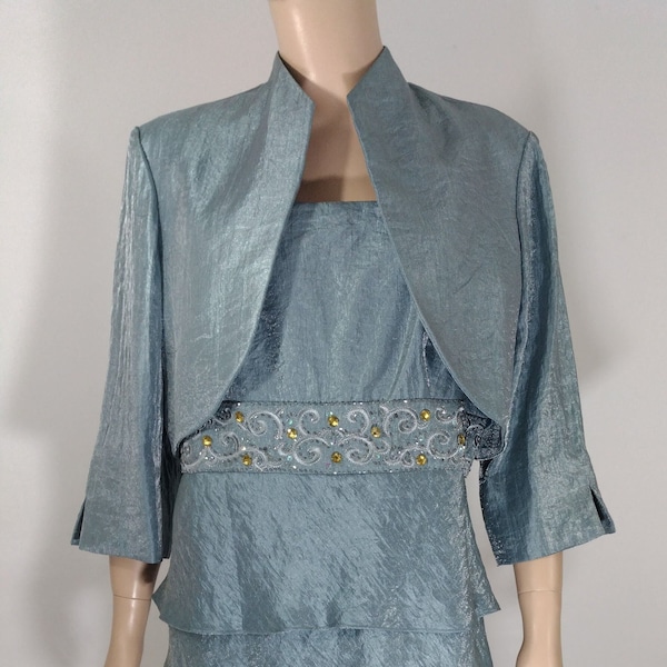Plus Size Formal Semi Formal Dress Bolero Jacket Women's Satiny Soft Blue Rayon Empire Waist 4 Tiers New Condition Vintage by R&M Size 16