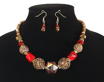 Red Crystal Bead Necklace and Earrings Set: Vintage-Inspired Jewelry