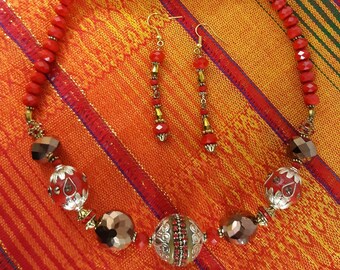 Red Velvet Crystal Jewelry Set: Vintage Inspired Beaded Necklace Earrings