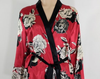 Vintage Satin Robe & Nightgown Set: Red Floral, Black Lace Trim (XL)