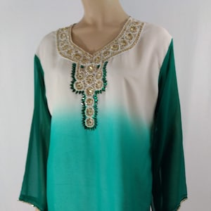 Kurti Kurta Women&#39;s Dress Top Turquoise White Gold Long Sleeve Beaded Jeweled Semi Sheer Fabric Over Solid Excellent Condition Size M 48