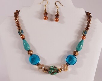 Handmade Beaded Jewelry Set: Blue, Gold Vintage Necklace and Earrings