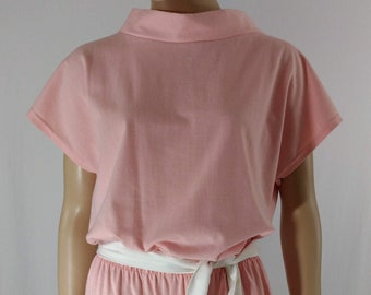 Women's Pink Jumpsuit 70's 80's Pastel Peachy Pink White Belted Pockets Unique Neckline  Excellent Condition Vintage by AVON FASHIONS Size L