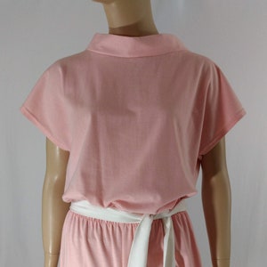 Women&#39;s Pink Jumpsuit 70&#39;s 80&#39;s Pastel Peachy Pink White Belted Pockets Unique Neckline  Excellent Condition Vintage by AVON FASHIONS Size L