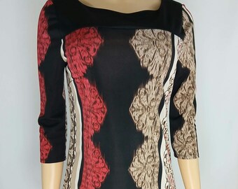 Dress, Black Beige & Burnt Orange Geometric Tribal Print, Size S