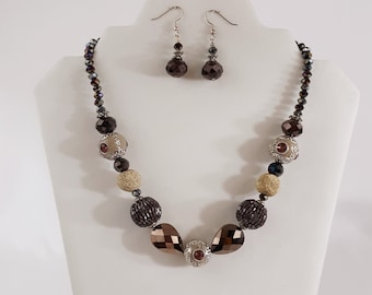 Handmade Beaded Necklace Earring Set, Vintage Inspired Crystal Jewelry