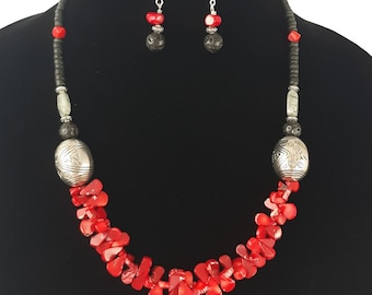 Handmade Red Coral Necklace Earring Set, Bamboo Coral & Lava Stone Jewelry