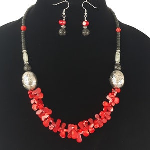 Red Coral Necklace Coral Earrings Set Womens Teens Noble Coral Bamboo Coral Gemstone  Black Wood Lave Jewelry Great Gift Handmade Genuine