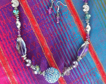 Handmade Purple Bead Jewelry Set, Vintage-Inspired Necklace Earrings