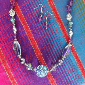 Jewelry Set Handmade Blue Purple Necklace Earrings Artist Designed Vintage Inspired Multicolor Multi Bead Mix GORGEOUS Great Gift