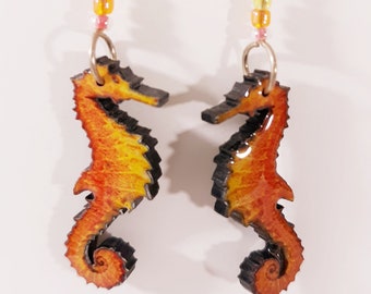 Sea Horse Earrings Handmade Boho Exotic Oceanic Orange Sealife Lightweight Print Art Lucite Silver Tone Bead Pierced Hook Drop Excellent