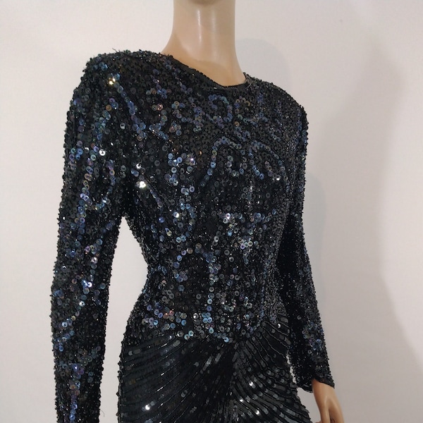 Black Beaded Dress Women's 80's 100% Silk Blue Sequined Long Sleeve Holiday Cocktail Formal Excellent Condition Vintage by SWEELO Size S