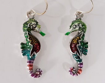Sea Horse Earrings Boho Handmade Womens Girls Rainbow Multicolor Artsy Mosaic Silver Tone Enamel Boho Dangle Great Gift Craft Charm
