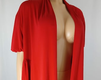 Red Jacket Top, Puffy Short Sleeve, Open Front Stretchy Size L