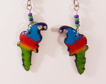 Parrot Earrings Boho Handmade Exotic Bird Bright Colors Animals Lightweight Printed Art Lucite Silver Tone Bead Pierced Hook Drop Gorgeous