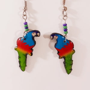 Parrot Earrings Boho Handmade Exotic Bird Bright Colors Animals Lightweight Printed Art Lucite Silver Tone Bead Pierced Hook Drop Gorgeous