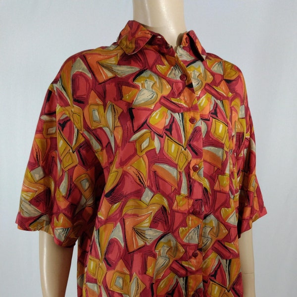 Men's Shirt 80's 90's Wild Colorful Geo Abstract Short Sleeve 100% Silk Radical Cool Excellent Condition Vintage by STUNT COLLECTION Size m