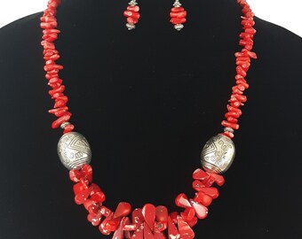 Handmade Red Coral Necklace Earring Set, Boho Silver Tone Jewelry