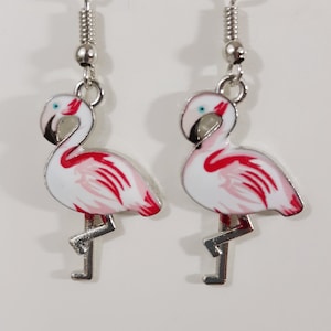 Flamingo Earrings Womens Girls Pink Enamel Artsy Silver Tone Beachy Resort Gorgeous Jewelry Fabulous Gift Craft Charm Handmade Womens Girls