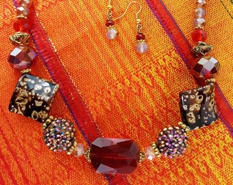 Red Crystal Necklace Earrings Set, Vintage Inspired Jewelry