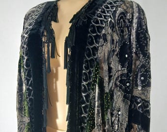 Vintage SILK Wrap Shawl Velvet Beaded Tassel Fringe, Size XL